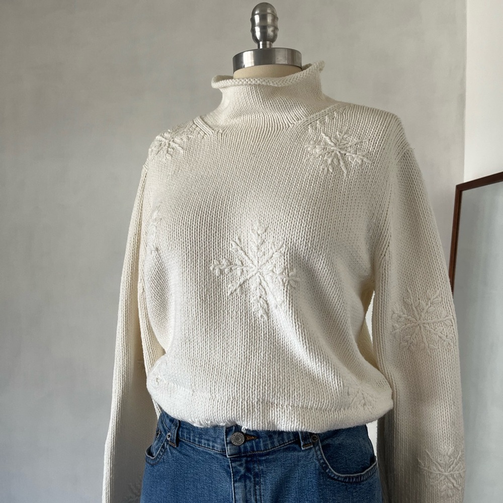 Eddie Bauer Cream Cowl Neck Sweater with Subtle Embroidery